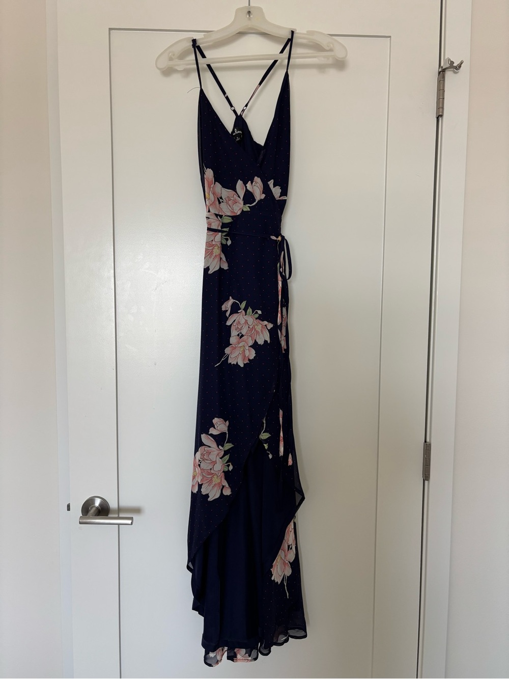 Lulu's Navy Blue Floral Polka Dot Wrap Maxi Dress